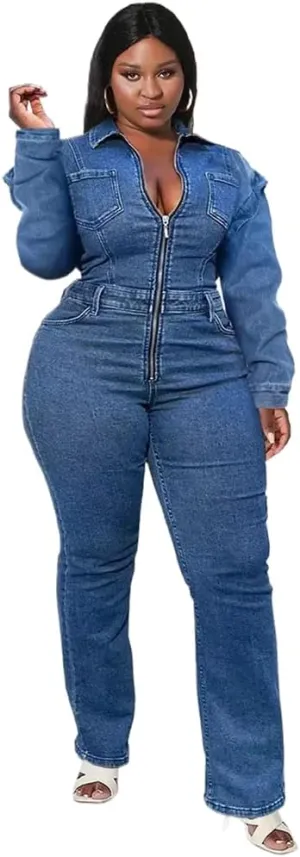 Denim Women' Jumpsuit Long Sleeve Size Collar Pants Rompers Street One Sets