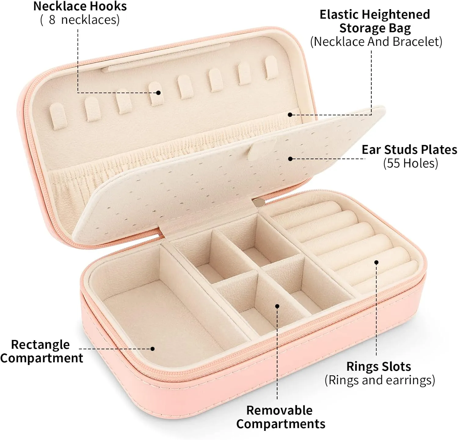 DesignSter Travel Jewelry Box, PU Leather Portable Jewelry Case, Small Jewelry Boxes for Gifts, Travel Jewelry Organizer for Women Rings Earrings Necklaces Bracelets (Dusty Pink)