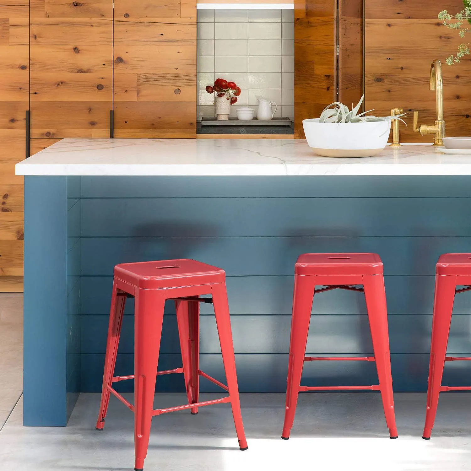 Devoko Metal Bar Stools 24" Indoor Outdoor Stackable Barstools Modern Style Industrial Vintage Counter Bar Stools Set of 4 (24 inch, Red)
