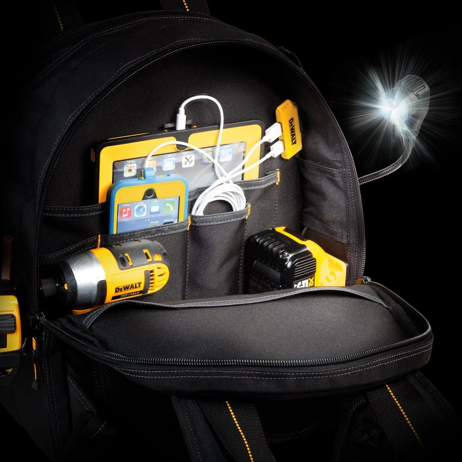 DEWALT DGCL33 33-Pocket Lighted USB Charging Tool Backpack