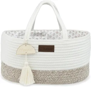 Diaper Caddy Organizer, Boho Diaper Bag Tote for Changing Table Necessities and Baby Essentials Must Haves for Newborn, Car Caddy Organizer, Portable Storage Basket for Boy or Girl, White/Beige