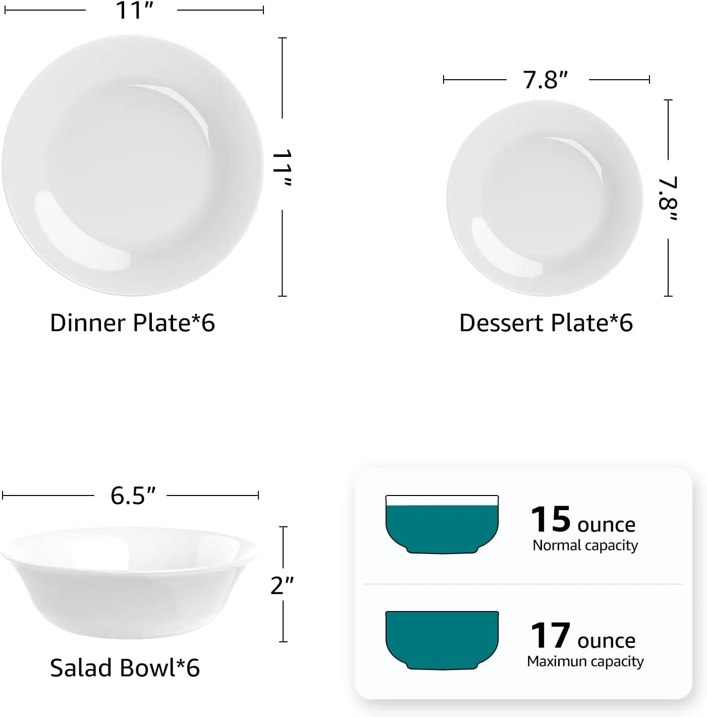 Dinnerware Set, HomeElves 18-PCS Kitchen Opal Dishes Set Service for 6, Lightweight Glass Plates and Bowls Set, Safety for Microwave & Dishwasher, Break and Chip Resistant