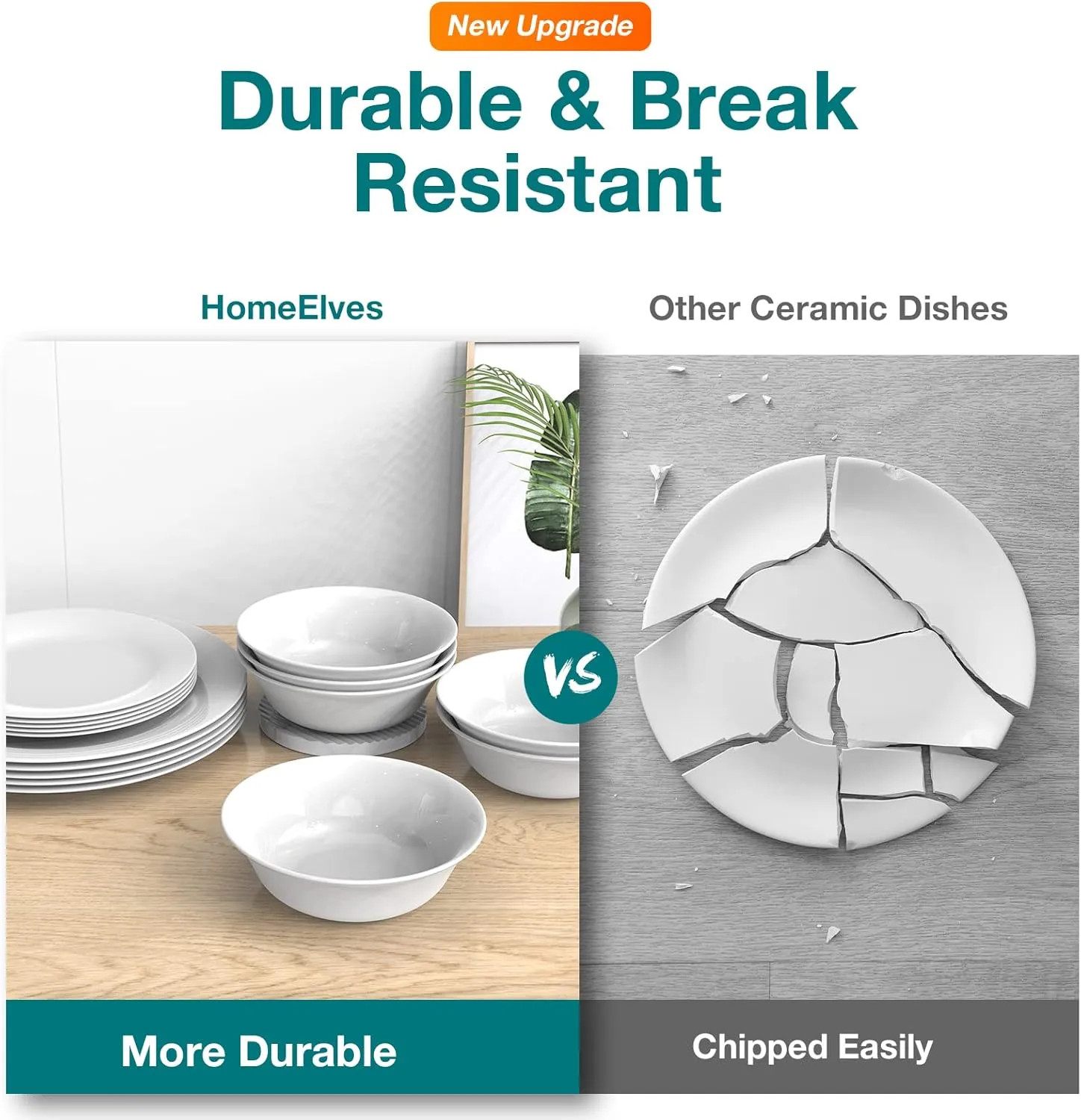 Dinnerware Set, HomeElves 18-PCS Kitchen Opal Dishes Set Service for 6, Lightweight Glass Plates and Bowls Set, Safety for Microwave & Dishwasher, Break and Chip Resistant