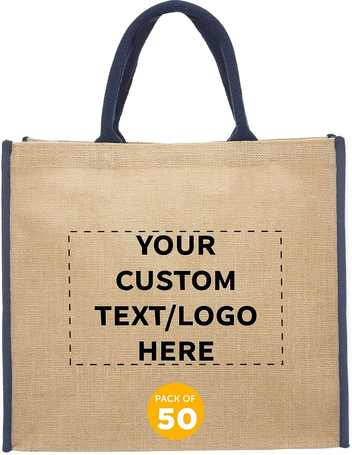 DISCOUNT PROMOS Custom Fresno Eco Friendly Jute Tote Bags Set of 50, Personalized Bulk Pack - Reusable, Great for Tradeshows, Grocery, Shopping and Outdoor Events - Blue