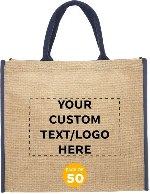 DISCOUNT PROMOS Custom Fresno Eco Friendly Jute Tote Bags Set of 50, Personalized Bulk Pack - Reusable, Great for Tradeshows, Grocery, Shopping and Outdoor Events - Blue