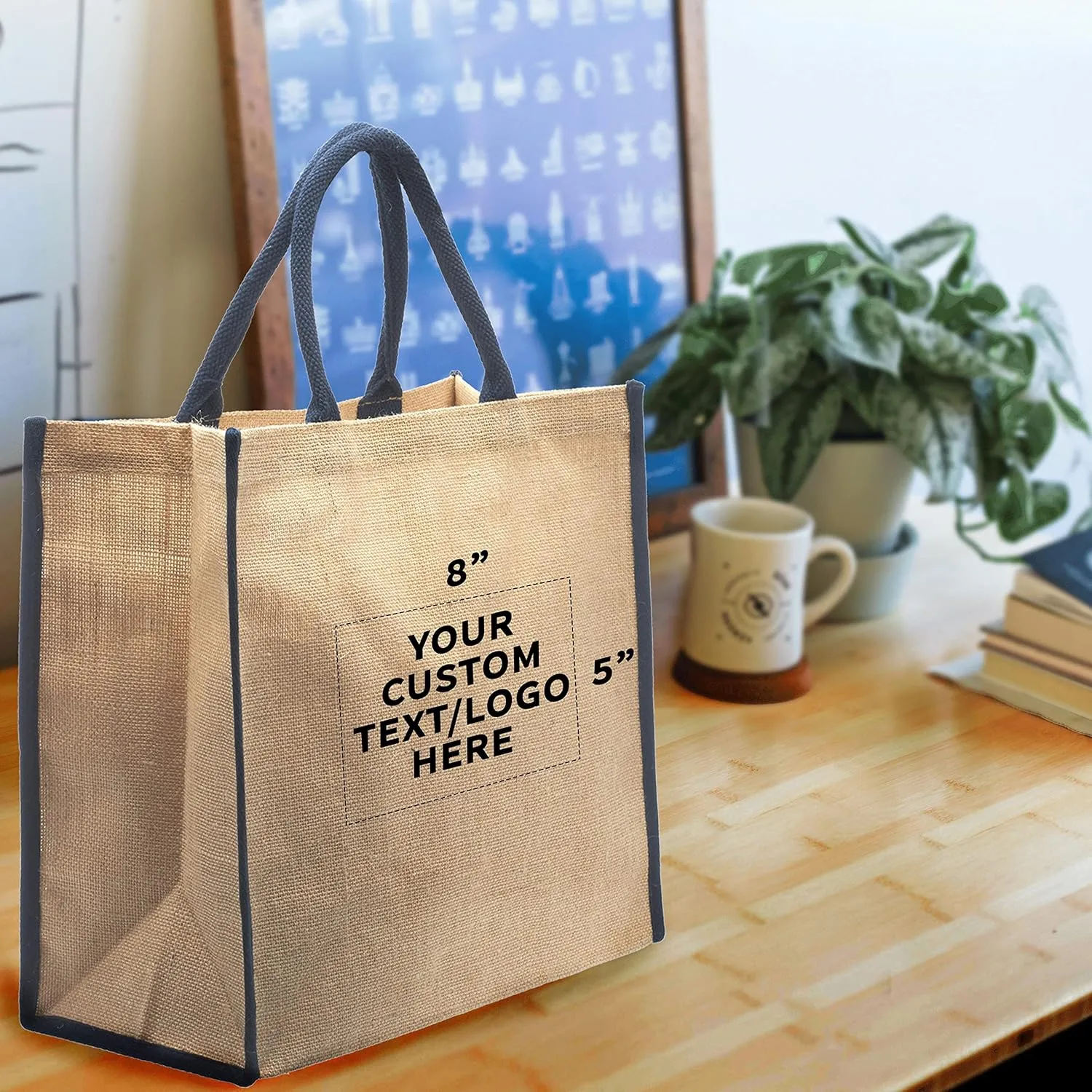 DISCOUNT PROMOS Custom Fresno Eco Friendly Jute Tote Bags Set of 50, Personalized Bulk Pack - Reusable, Great for Tradeshows, Grocery, Shopping and Outdoor Events - Blue