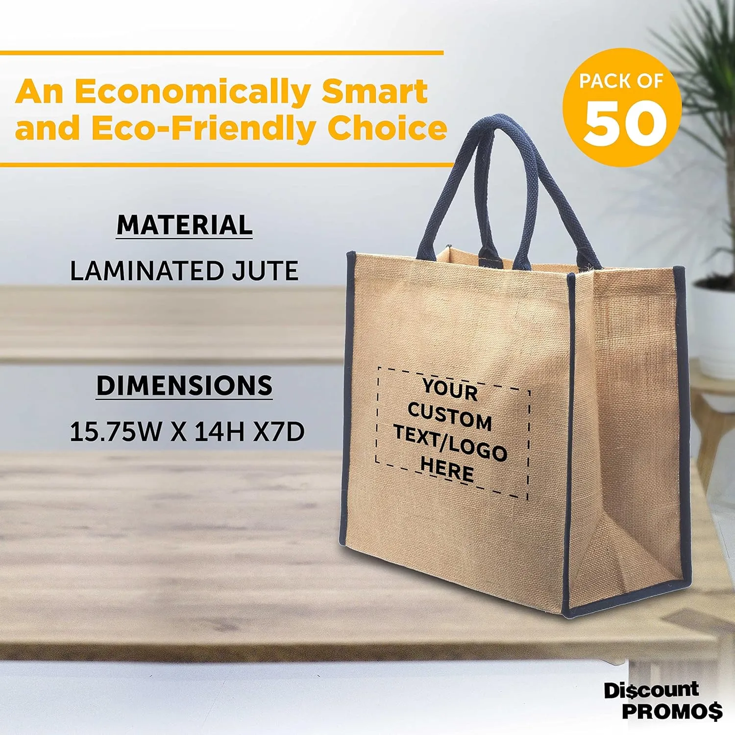 DISCOUNT PROMOS Custom Fresno Eco Friendly Jute Tote Bags Set of 50, Personalized Bulk Pack - Reusable, Great for Tradeshows, Grocery, Shopping and Outdoor Events - Blue
