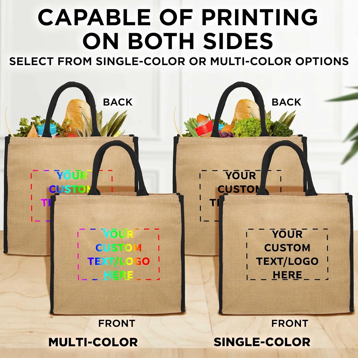 DISCOUNT PROMOS Custom Fresno Eco Friendly Jute Tote Bags Set of 50, Personalized Bulk Pack - Reusable, Great for Tradeshows, Grocery, Shopping and Outdoor Events - Blue
