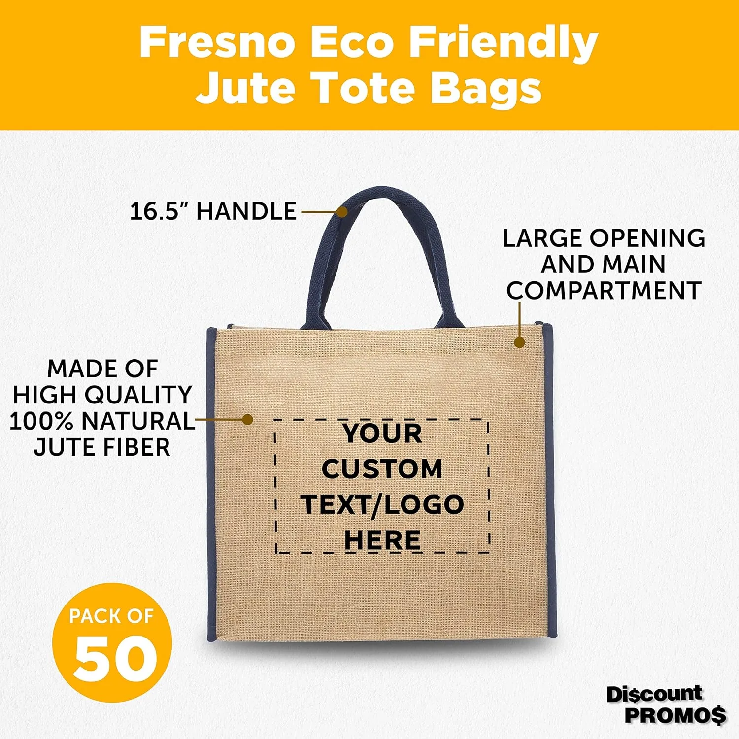 DISCOUNT PROMOS Custom Fresno Eco Friendly Jute Tote Bags Set of 50, Personalized Bulk Pack - Reusable, Great for Tradeshows, Grocery, Shopping and Outdoor Events - Blue