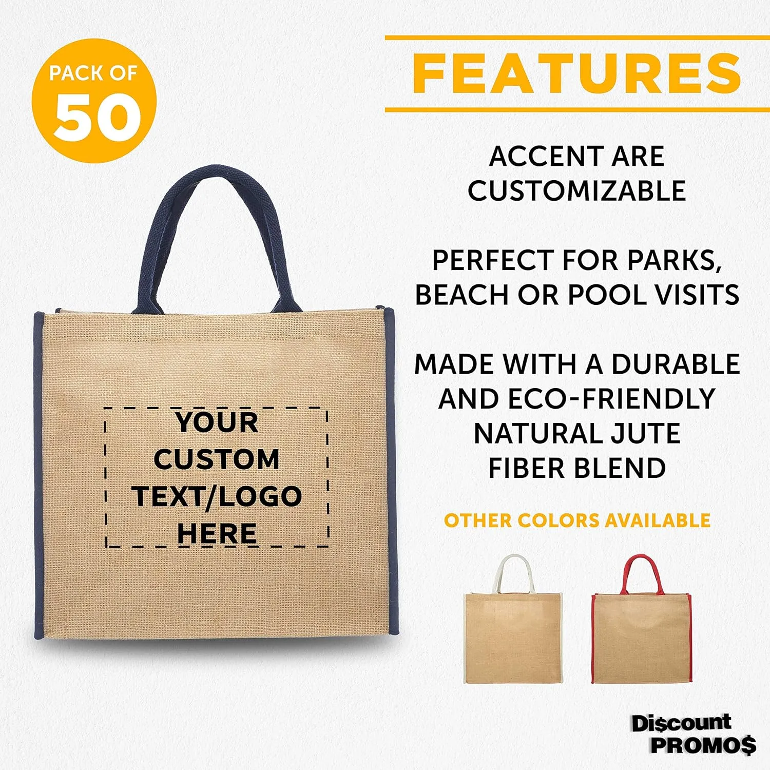 DISCOUNT PROMOS Custom Fresno Eco Friendly Jute Tote Bags Set of 50, Personalized Bulk Pack - Reusable, Great for Tradeshows, Grocery, Shopping and Outdoor Events - Blue