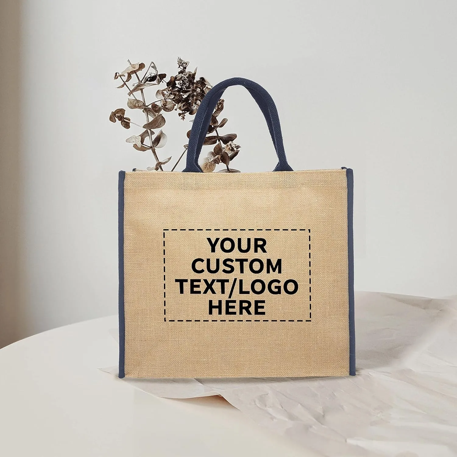 DISCOUNT PROMOS Custom Fresno Eco Friendly Jute Tote Bags Set of 50, Personalized Bulk Pack - Reusable, Great for Tradeshows, Grocery, Shopping and Outdoor Events - Blue