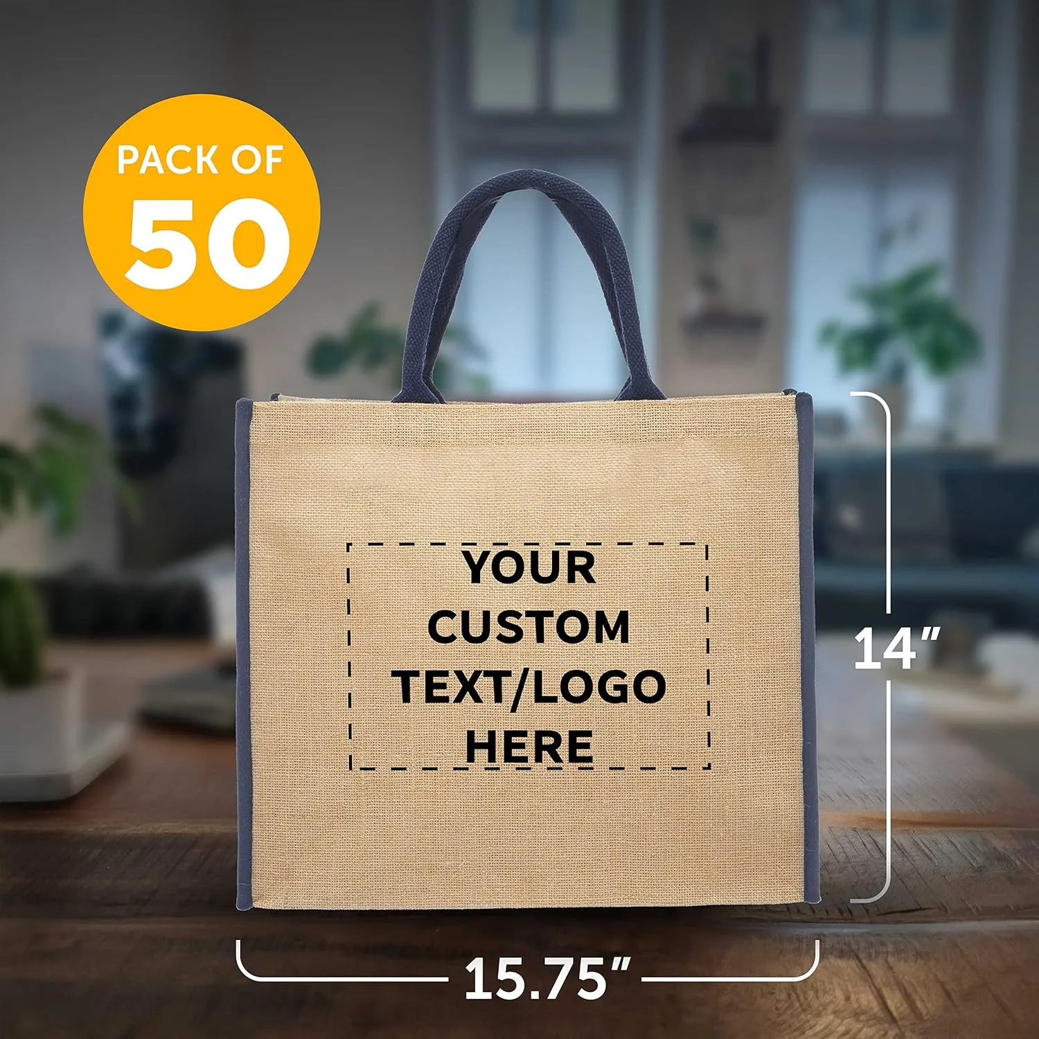 DISCOUNT PROMOS Custom Fresno Eco Friendly Jute Tote Bags Set of 50, Personalized Bulk Pack - Reusable, Great for Tradeshows, Grocery, Shopping and Outdoor Events - Blue