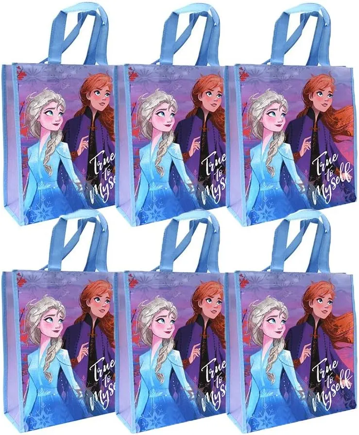 Disney 6-Pack Frozen 2 Elsa & Anna Reusable 12-inch Tote Bags/Party Favor Goodie Bags, Blue/Purple