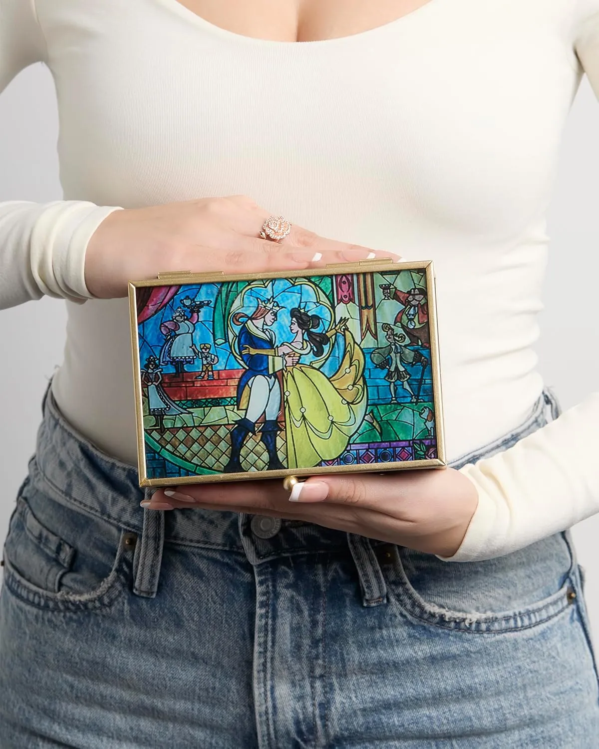 Disney Princess Beauty and the Beast Jewelry Box - Glass Jewelry Case with Stained Glass Belle and the Prince
