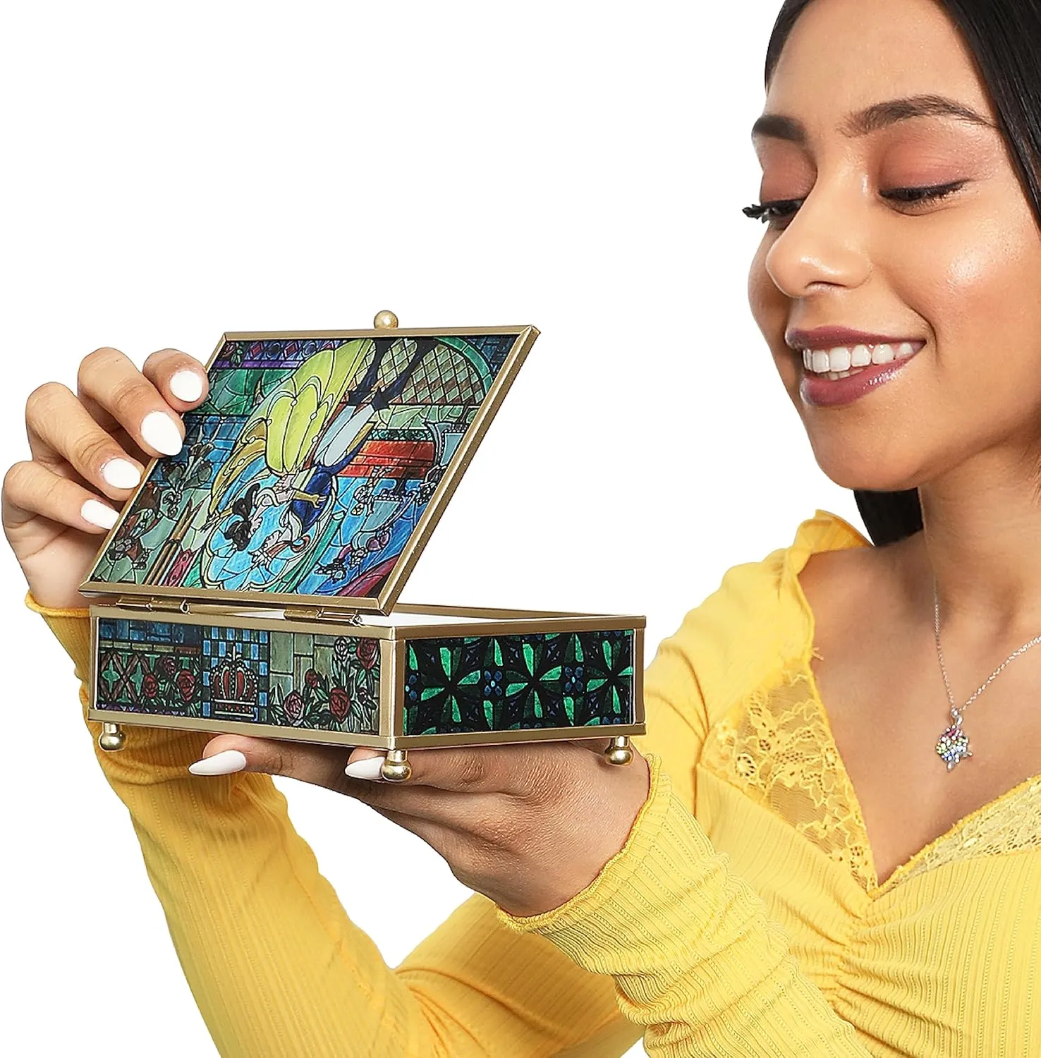 Disney Princess Beauty and the Beast Jewelry Box - Glass Jewelry Case with Stained Glass Belle and the Prince