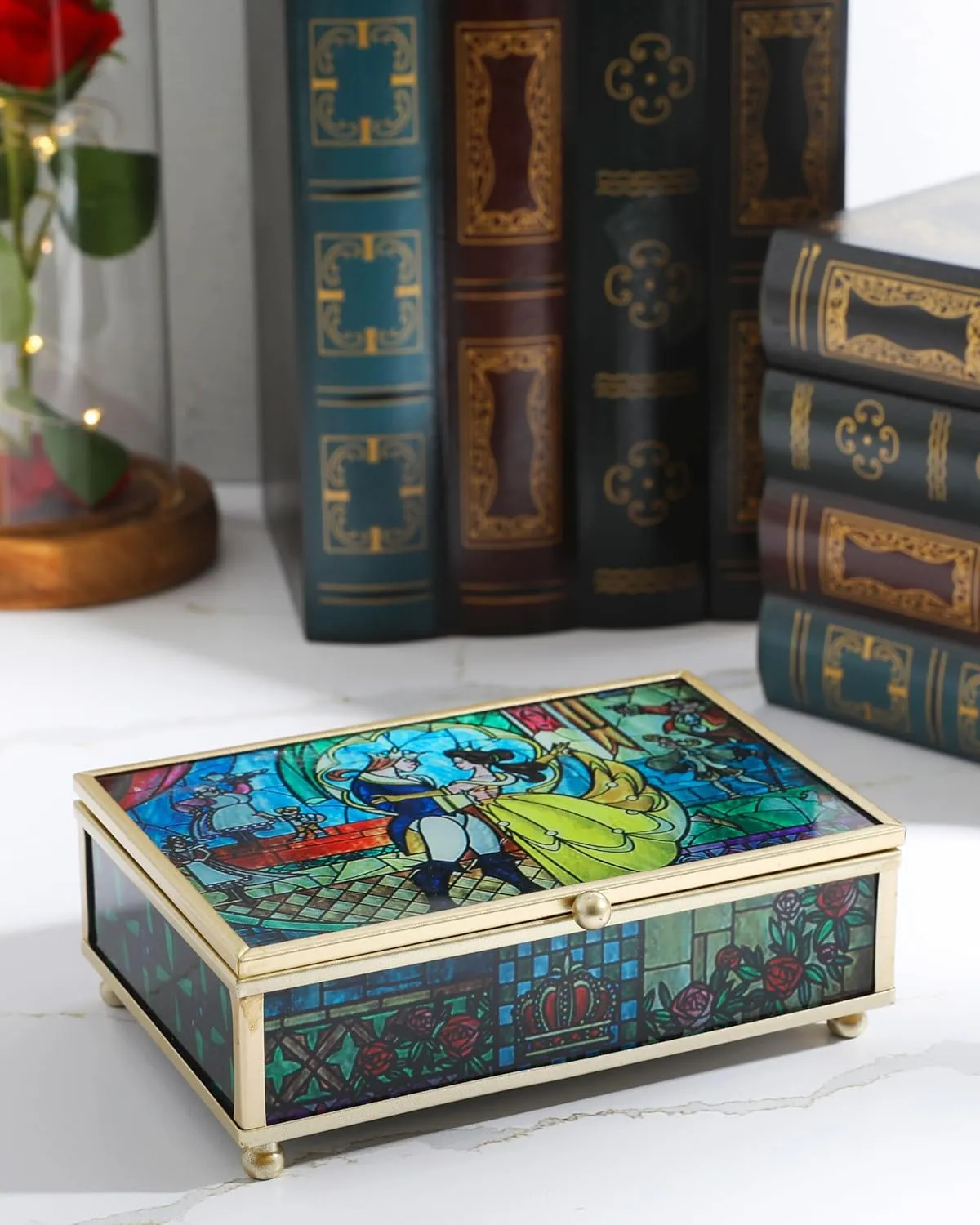 Disney Princess Beauty and the Beast Jewelry Box - Glass Jewelry Case with Stained Glass Belle and the Prince