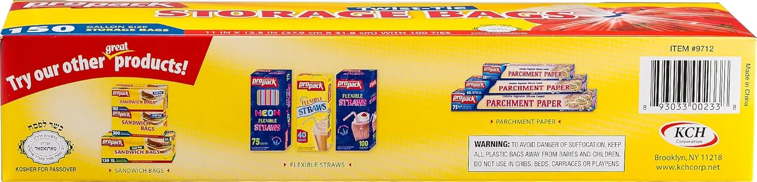 Disposable Plastic Storage Bags with Original Twist Tie, 1 Gallon Size, 300 Bags, Great for Home, Office, Vacation, Traveling, Sandwich, Fruits, Nuts, Cake, Cookies, Or Any Snacks (2 Packs)