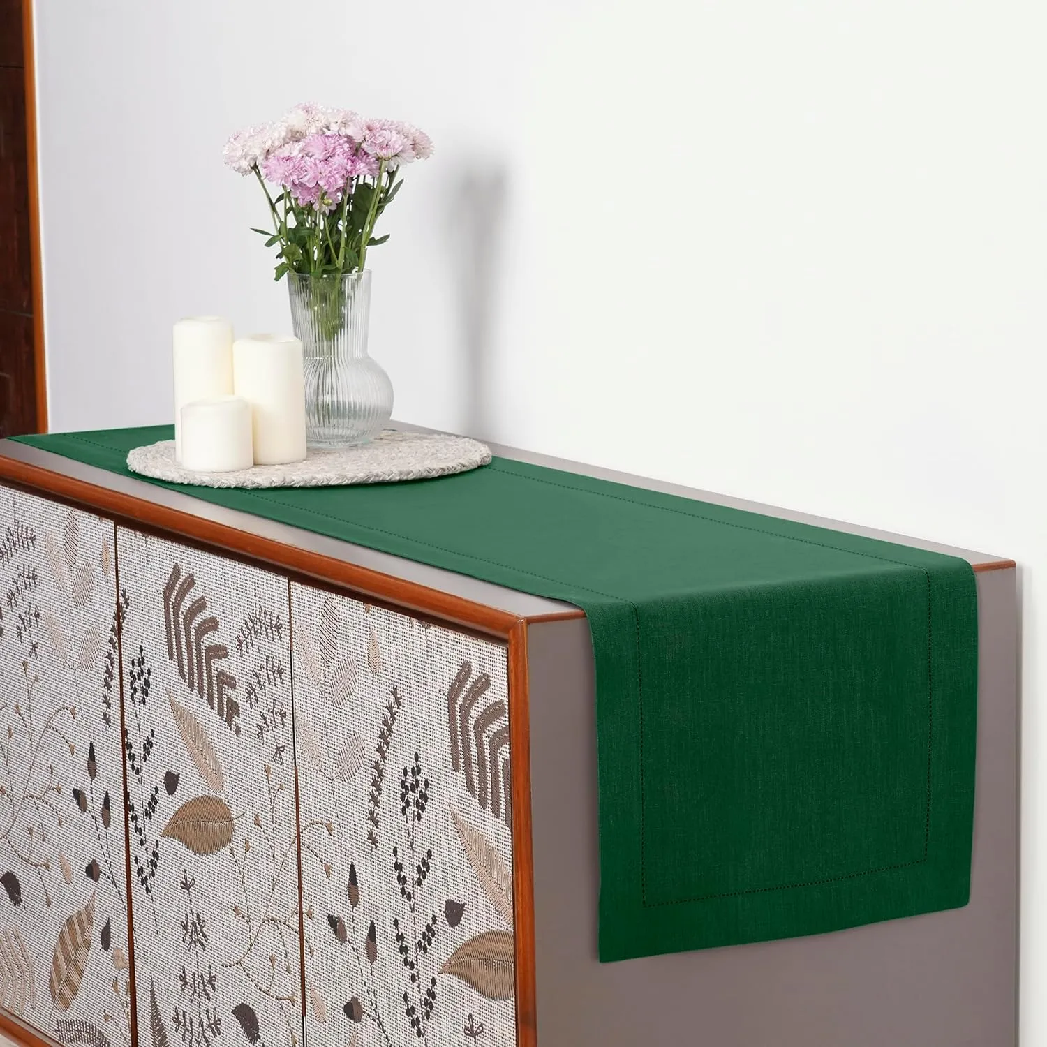 D'Moksha Homes Linen Table Runner 14 x 72 Inch - 100% Pure Linen Classic Hemstitch Forest Green Table Runner - Machine Washable Farmhouse Table Runner for Summer