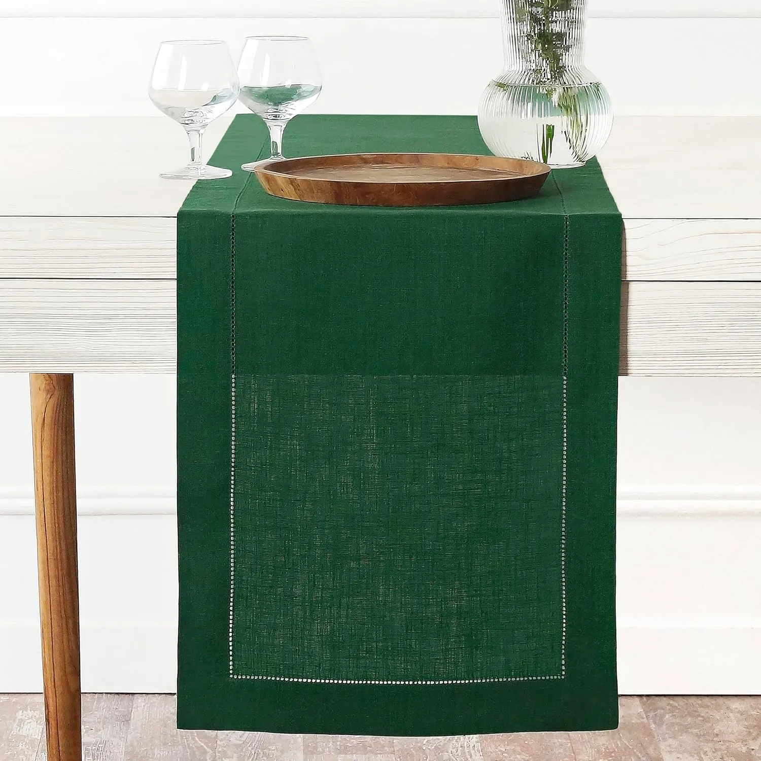 D'Moksha Homes Linen Table Runner 14 x 72 Inch - 100% Pure Linen Classic Hemstitch Forest Green Table Runner - Machine Washable Farmhouse Table Runner for Summer
