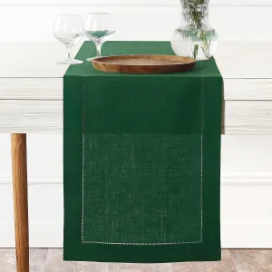D'Moksha Homes Linen Table Runner 14 x 72 Inch - 100% Pure Linen Classic Hemstitch Forest Green Table Runner - Machine Washable Farmhouse Table Runner for Summer