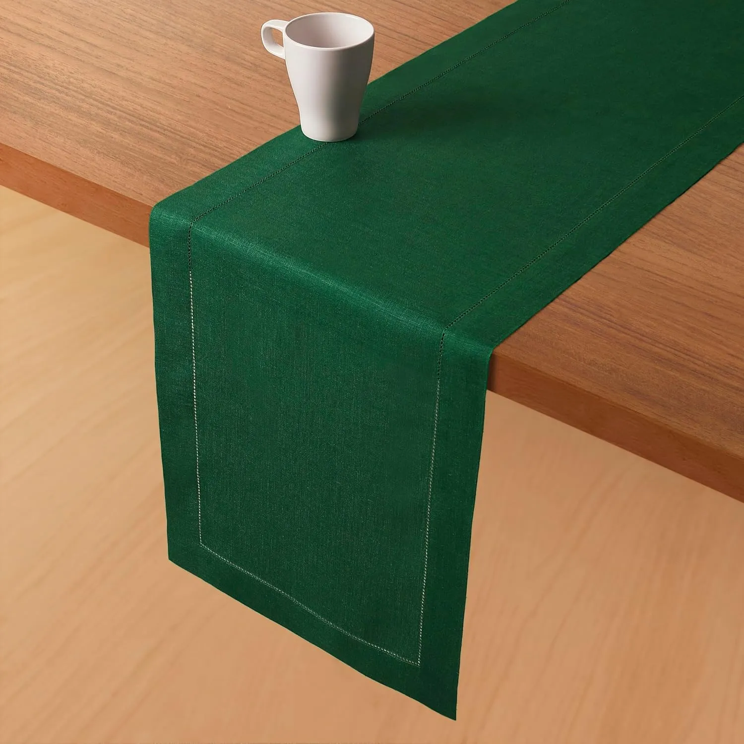 D'Moksha Homes Linen Table Runner 14 x 72 Inch - 100% Pure Linen Classic Hemstitch Forest Green Table Runner - Machine Washable Farmhouse Table Runner for Summer
