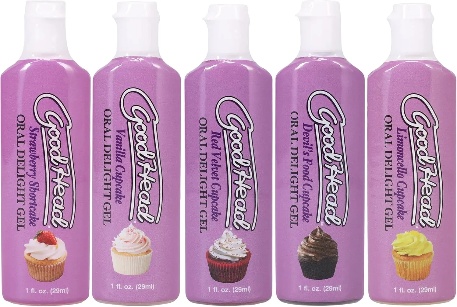 Doc Johnson GoodHead - Oral Delight Gel - Cupcakes - Vanilla Cupcake, Devil's Food Cupcake, Strawberry Shortcake, Limoncello Cupcake, Red Velvet Cupcake - 5 x 1 fl. oz. (5 X 29ml)