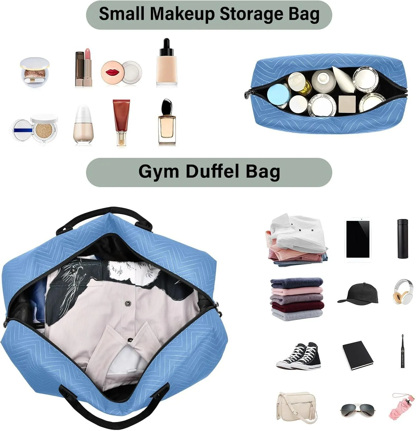 DOMIKING Perennial Blue Personalized Duffel Bag Foldable Weekender Bag Overnight Bags for Women Men Custom Gym Bag with Toiletry Bag for Business Trip Travel, 2 Pcs