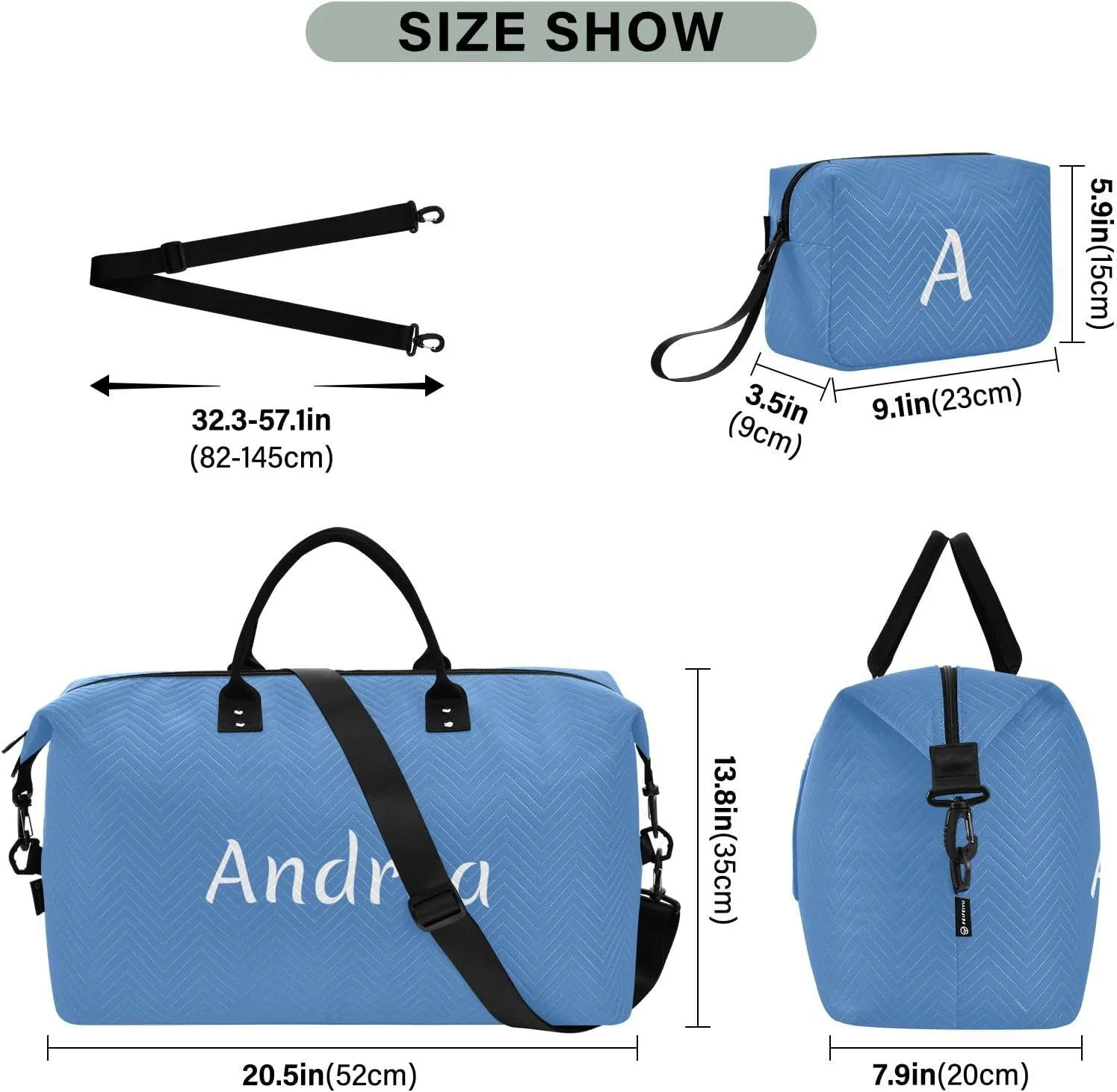 DOMIKING Perennial Blue Personalized Duffel Bag Foldable Weekender Bag Overnight Bags for Women Men Custom Gym Bag with Toiletry Bag for Business Trip Travel, 2 Pcs