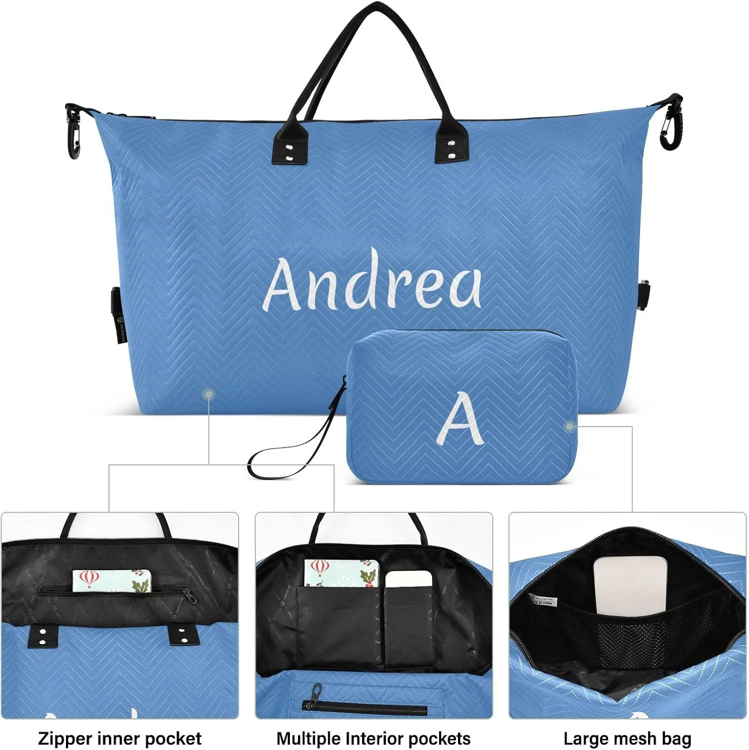 DOMIKING Perennial Blue Personalized Duffel Bag Foldable Weekender Bag Overnight Bags for Women Men Custom Gym Bag with Toiletry Bag for Business Trip Travel, 2 Pcs