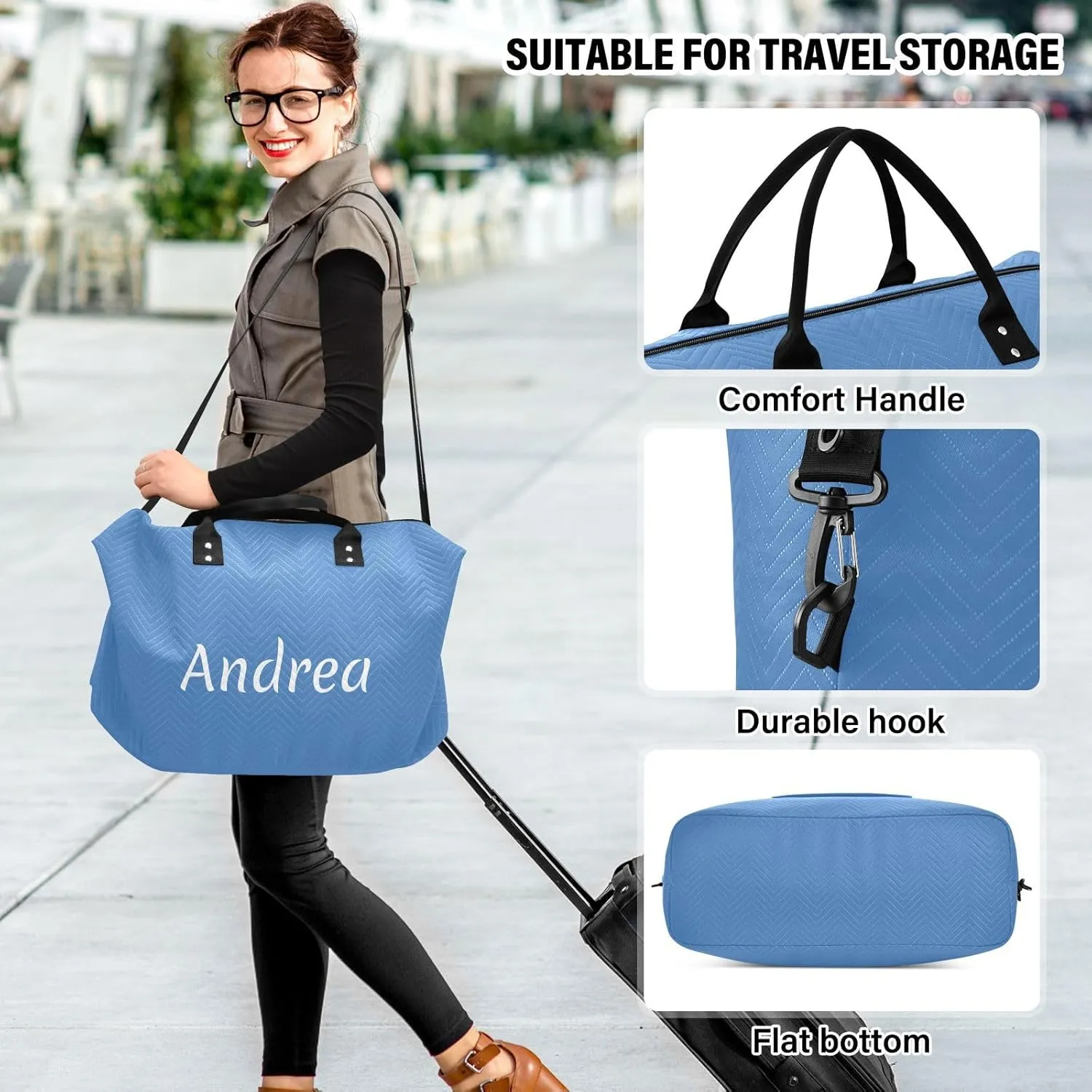 DOMIKING Perennial Blue Personalized Duffel Bag Foldable Weekender Bag Overnight Bags for Women Men Custom Gym Bag with Toiletry Bag for Business Trip Travel, 2 Pcs