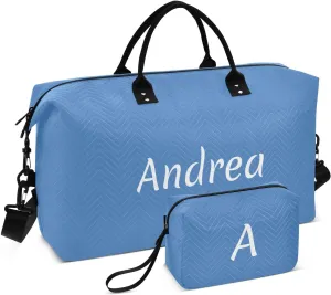 DOMIKING Perennial Blue Personalized Duffel Bag Foldable Weekender Bag Overnight Bags for Women Men Custom Gym Bag with Toiletry Bag for Business Trip Travel, 2 Pcs