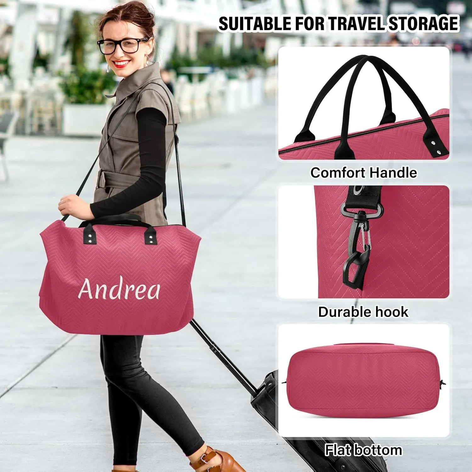 DOMIKING Viva Magenta Red Personalized Duffel Bag Foldable Weekender Bag Overnight Bags for Women Men Custom Travel Bag with Toiletry Bag for Trip Business Yoga, 2 Pcs