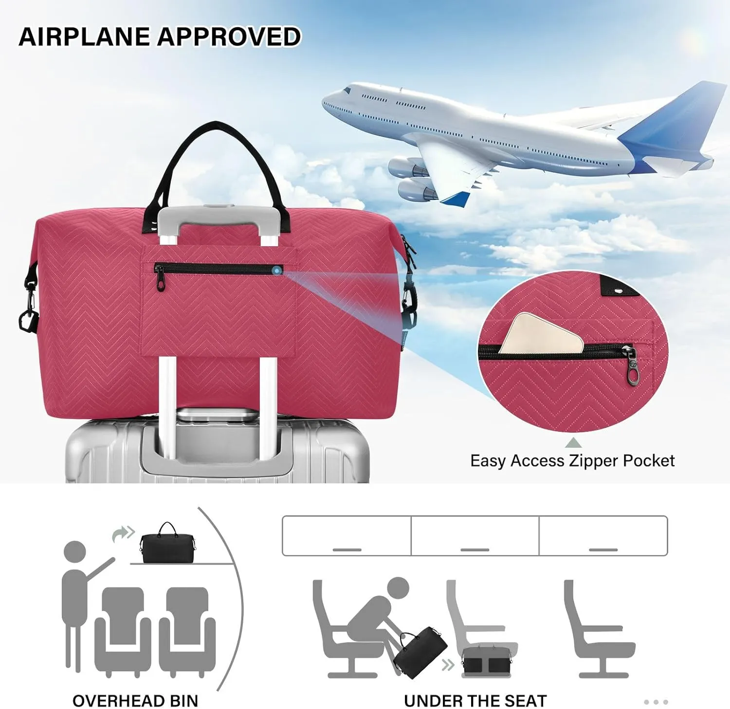 DOMIKING Viva Magenta Red Personalized Duffel Bag Foldable Weekender Bag Overnight Bags for Women Men Custom Travel Bag with Toiletry Bag for Trip Business Yoga, 2 Pcs