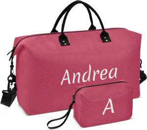 DOMIKING Viva Magenta Red Personalized Duffel Bag Foldable Weekender Bag Overnight Bags for Women Men Custom Travel Bag with Toiletry Bag for Trip Business Yoga, 2 Pcs