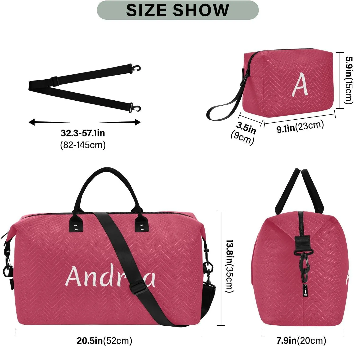 DOMIKING Viva Magenta Red Personalized Duffel Bag Foldable Weekender Bag Overnight Bags for Women Men Custom Travel Bag with Toiletry Bag for Trip Business Yoga, 2 Pcs