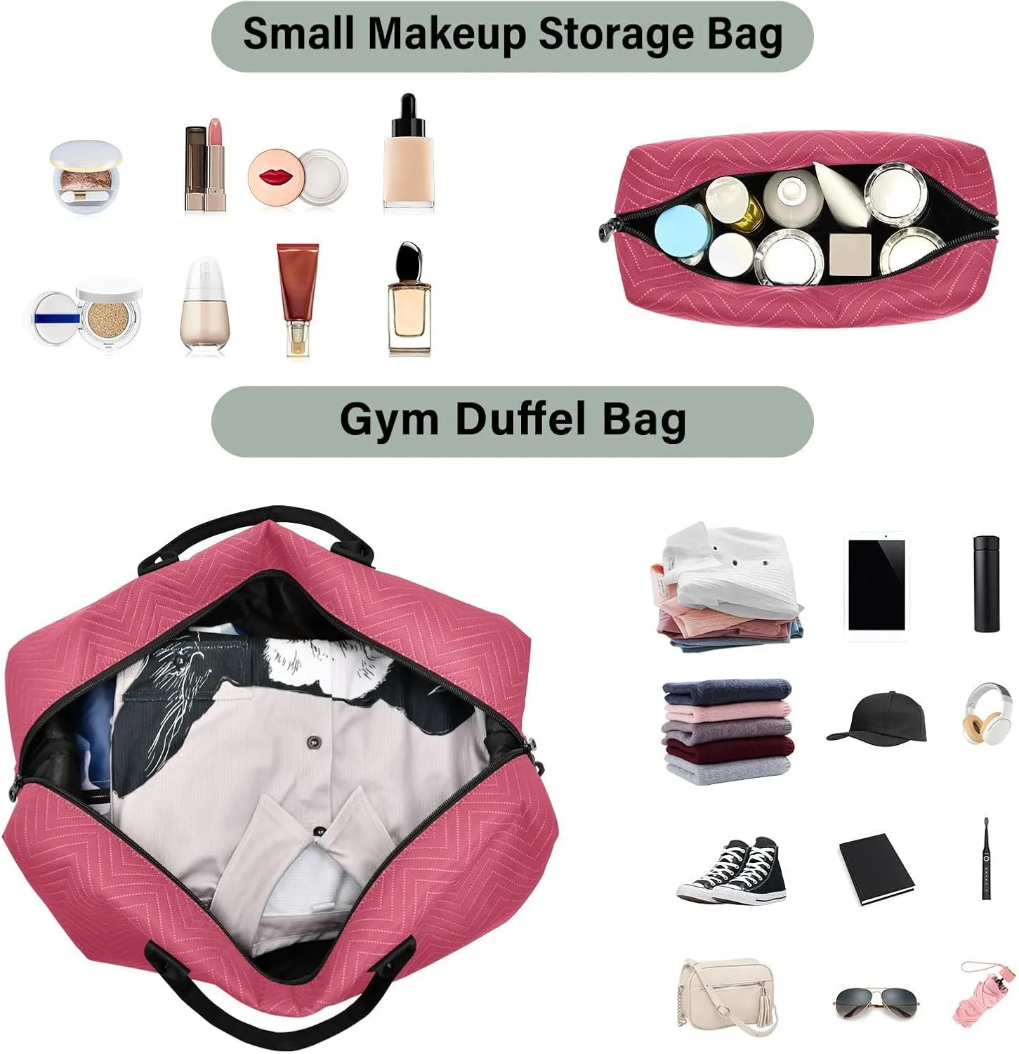 DOMIKING Viva Magenta Red Personalized Duffel Bag Foldable Weekender Bag Overnight Bags for Women Men Custom Travel Bag with Toiletry Bag for Trip Business Yoga, 2 Pcs