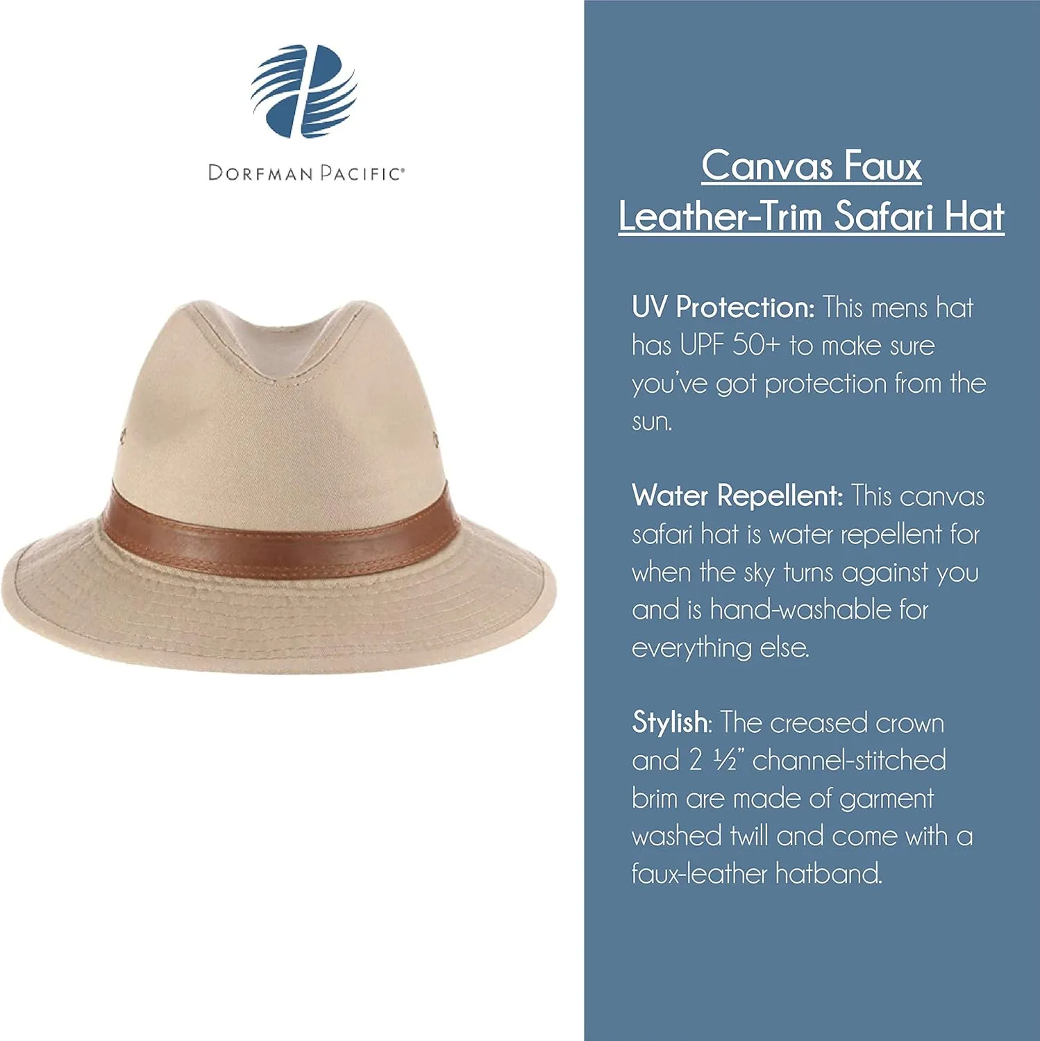 Dorfman Hat Co. Men's One-Piece Canvas Faux Leather-Trim Safari Hat