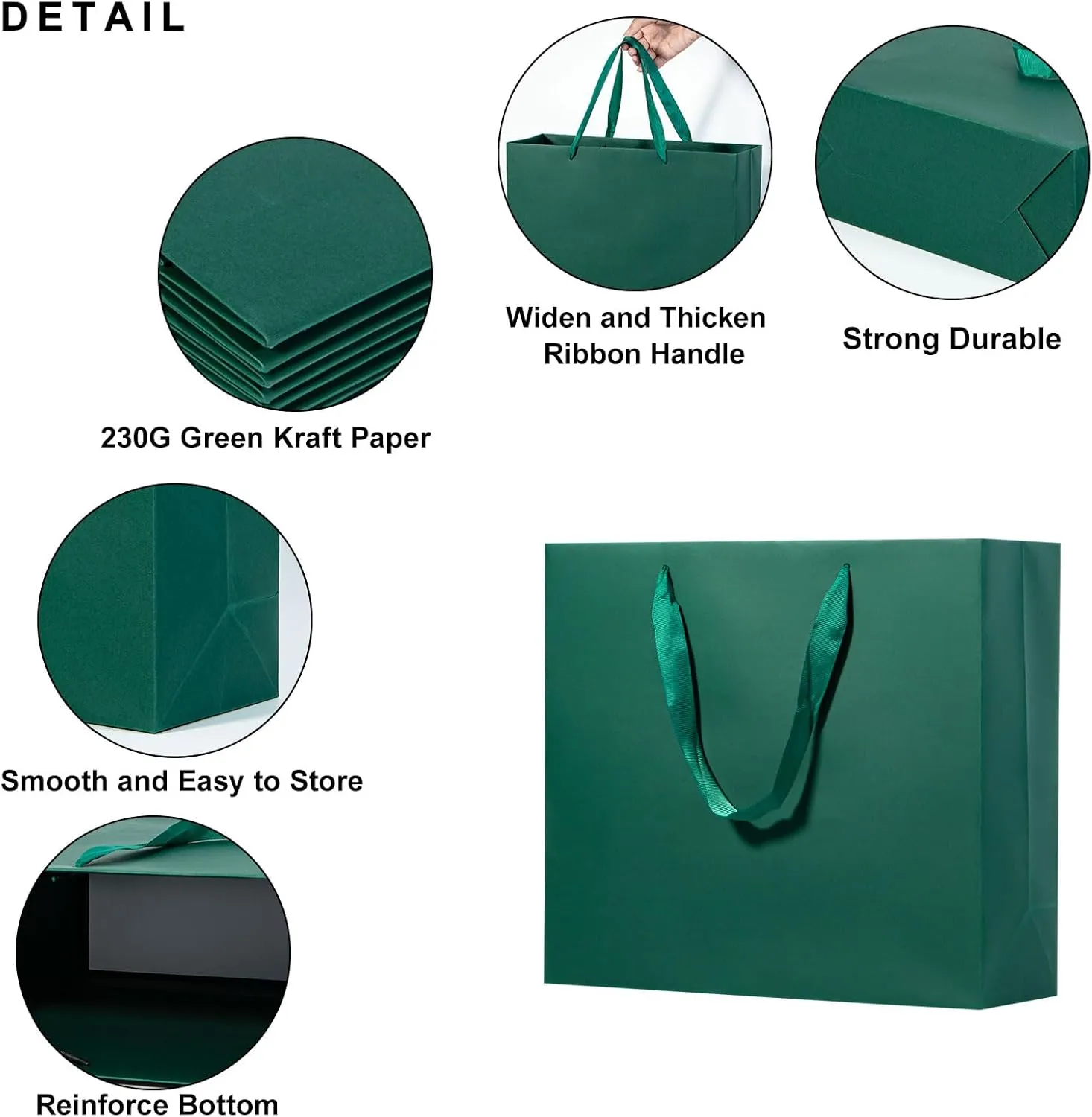driew Green Gift Bags, 12 Pack Extra Large Deep Green Gift Bag Ribbon Handles Heavy Duty Paper Gift Bags 12.6x4.5x11 inches Party Gift Bags for Shopping, Pakcing,Retail,Dark Green