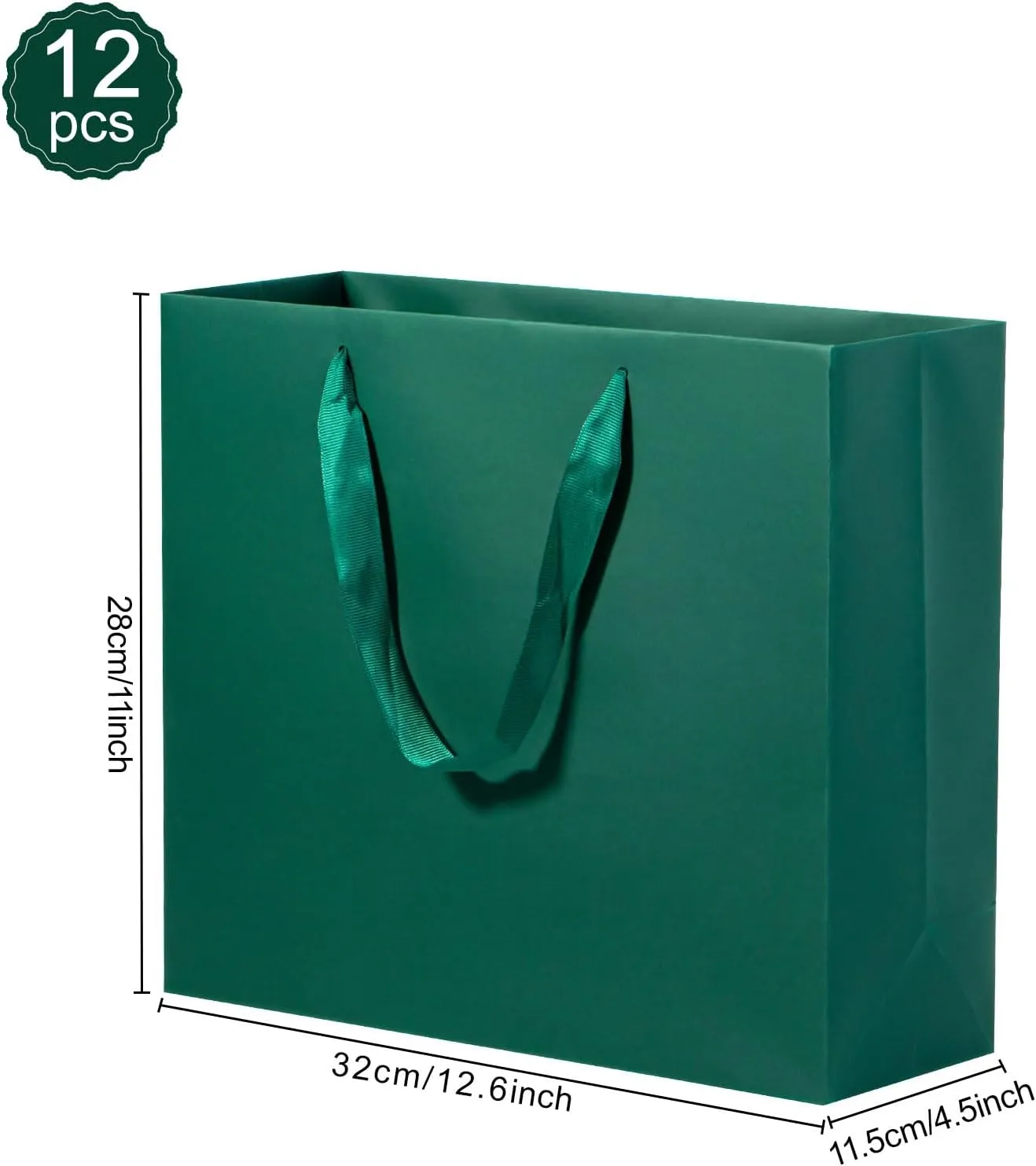 driew Green Gift Bags, 12 Pack Extra Large Deep Green Gift Bag Ribbon Handles Heavy Duty Paper Gift Bags 12.6x4.5x11 inches Party Gift Bags for Shopping, Pakcing,Retail,Dark Green