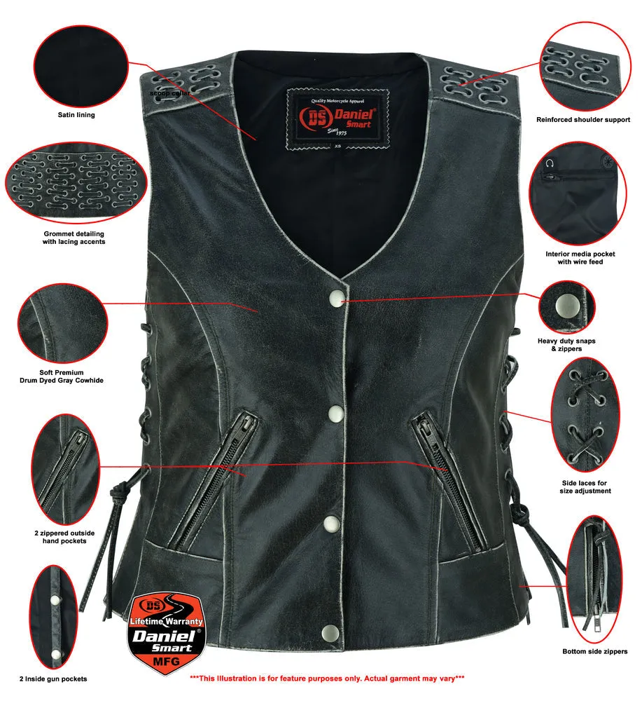 DS Women's Gray Vest with Grommet and Lacing Accents