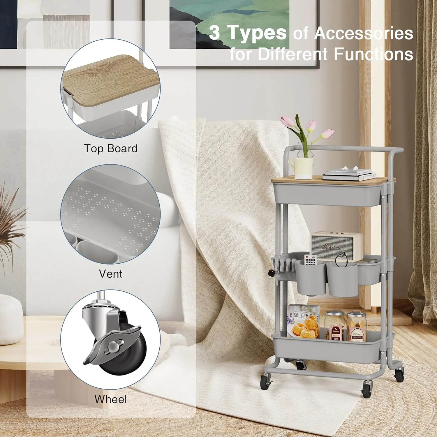 DTK 3 Tier Rolling Utility Cart with Cover Top Board, Movable Kitchen Storage Cart Trolley with Lockable Wheels, Cups, Hooks for Kitchen Bathroom Home Office Art Craft Storage and Organization(Grey)