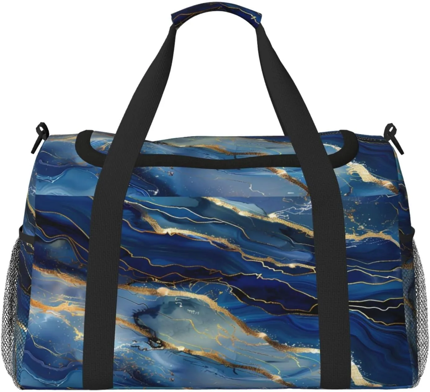 Duffle Bag Abstract Liquid Blue Golden Marble Travel Duffel Bags for Men Women with Adjustable Strap Carry on Gym Bag Overnight Weekender Bag