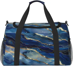 Duffle Bag Abstract Liquid Blue Golden Marble Travel Duffel Bags for Men Women with Adjustable Strap Carry on Gym Bag Overnight Weekender Bag