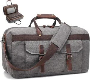 Duffle Bag for Men Waterproof Genuine Leather Canvas Travel Duffel Bags for Women Overnight Weekender Bag for Traveling