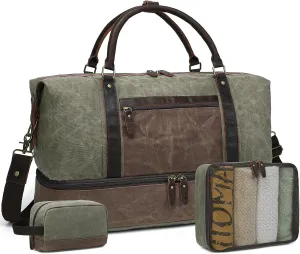 Duffle Bag for Travel: Weekender Overnight Bag Waterproof Waxed Canvas Vintage Duffel Bag with Shoe Compartment & 2 Packing Cubes, Heavy Duty Camping Flight Bags for Mens (Army Green)