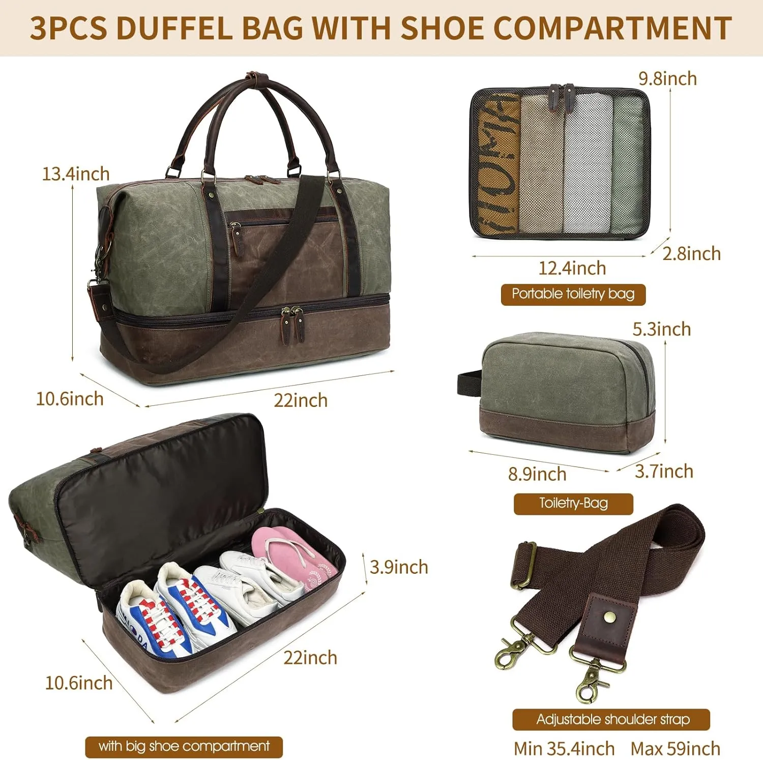 Duffle Bag for Travel: Weekender Overnight Bag Waterproof Waxed Canvas Vintage Duffel Bag with Shoe Compartment & 2 Packing Cubes, Heavy Duty Camping Flight Bags for Mens (Army Green)