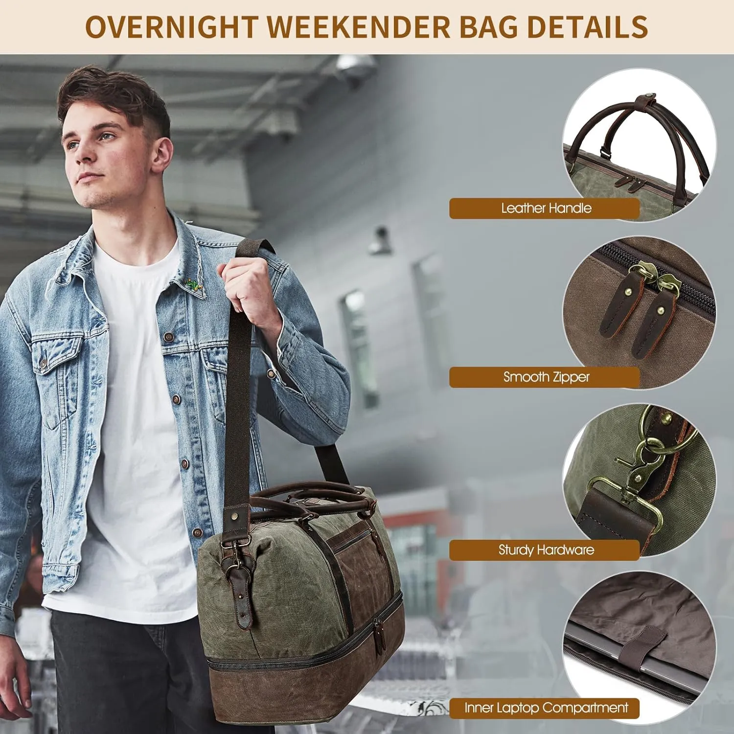 Duffle Bag for Travel: Weekender Overnight Bag Waterproof Waxed Canvas Vintage Duffel Bag with Shoe Compartment & 2 Packing Cubes, Heavy Duty Camping Flight Bags for Mens (Army Green)
