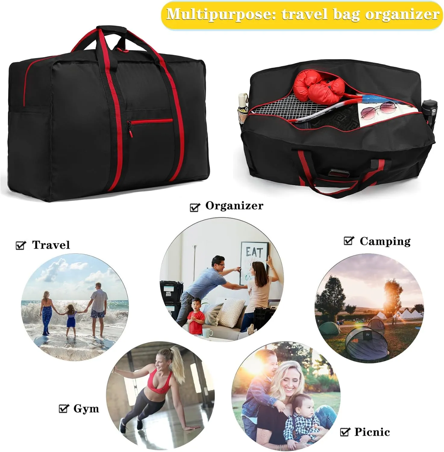 Duffle Bag for Women Men Small Travel Bag Heavy Duty Gym Bag 35 L Weekender Bag with Trolley Sleeve/Dry Wet Pocket
