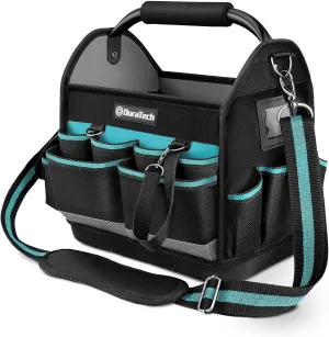 DURATECH 12 Inch Tool Tote with Waterproof Hard Bottom, Electrician Tool Bag with Rotating Handle, Open Top Tool Bag Wide Mouth Multi-Pockets, Tool Carrier for Mechanic Plumber Electrician HVAC