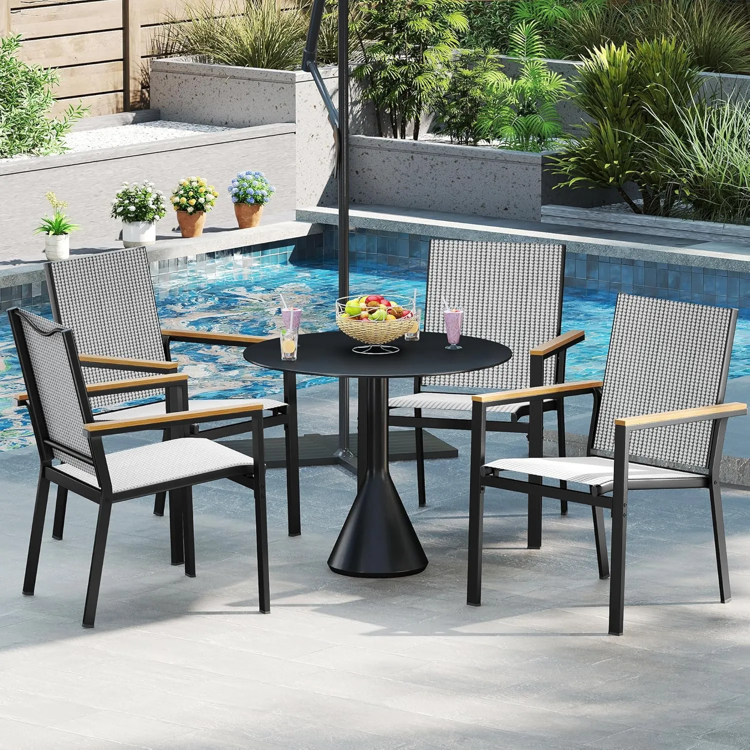 DWVO Stackable Patio Chairs Set of 2, All-Weather Patio Seating with Olefin Fabric and Faux Wood Armrests, Black & White Plaid Pattern